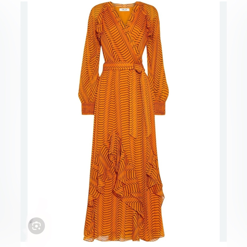 DVF Orange Mercy Ruffled Printed Silk-georgette Maxi Wrap Dress sz M